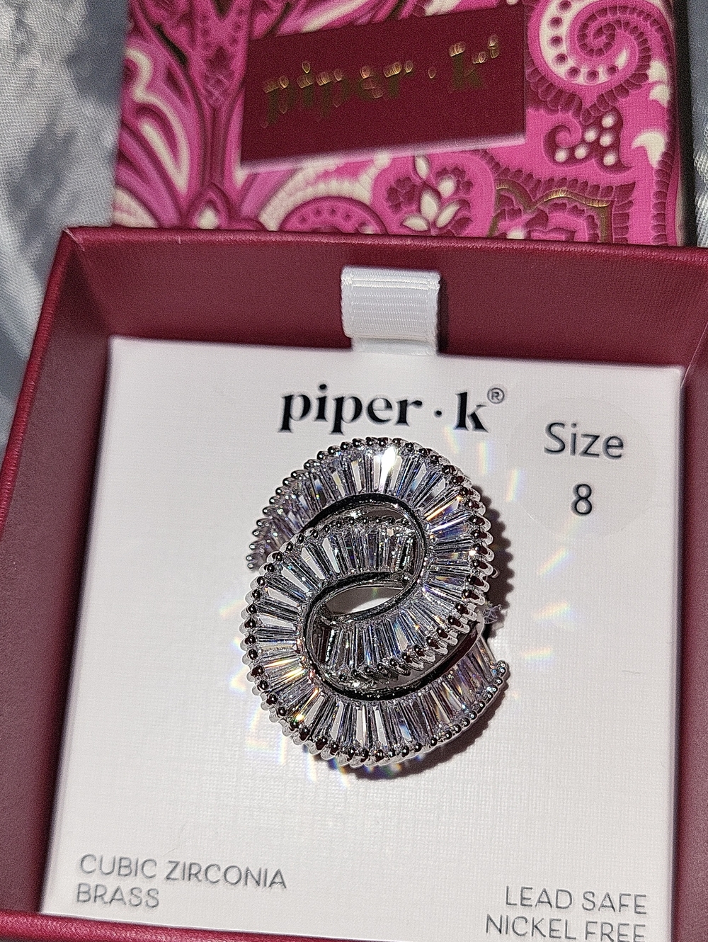 Piper K Silver-Tone Baguette Crystal Swirl Ring SIZE 8 BNIB TI M